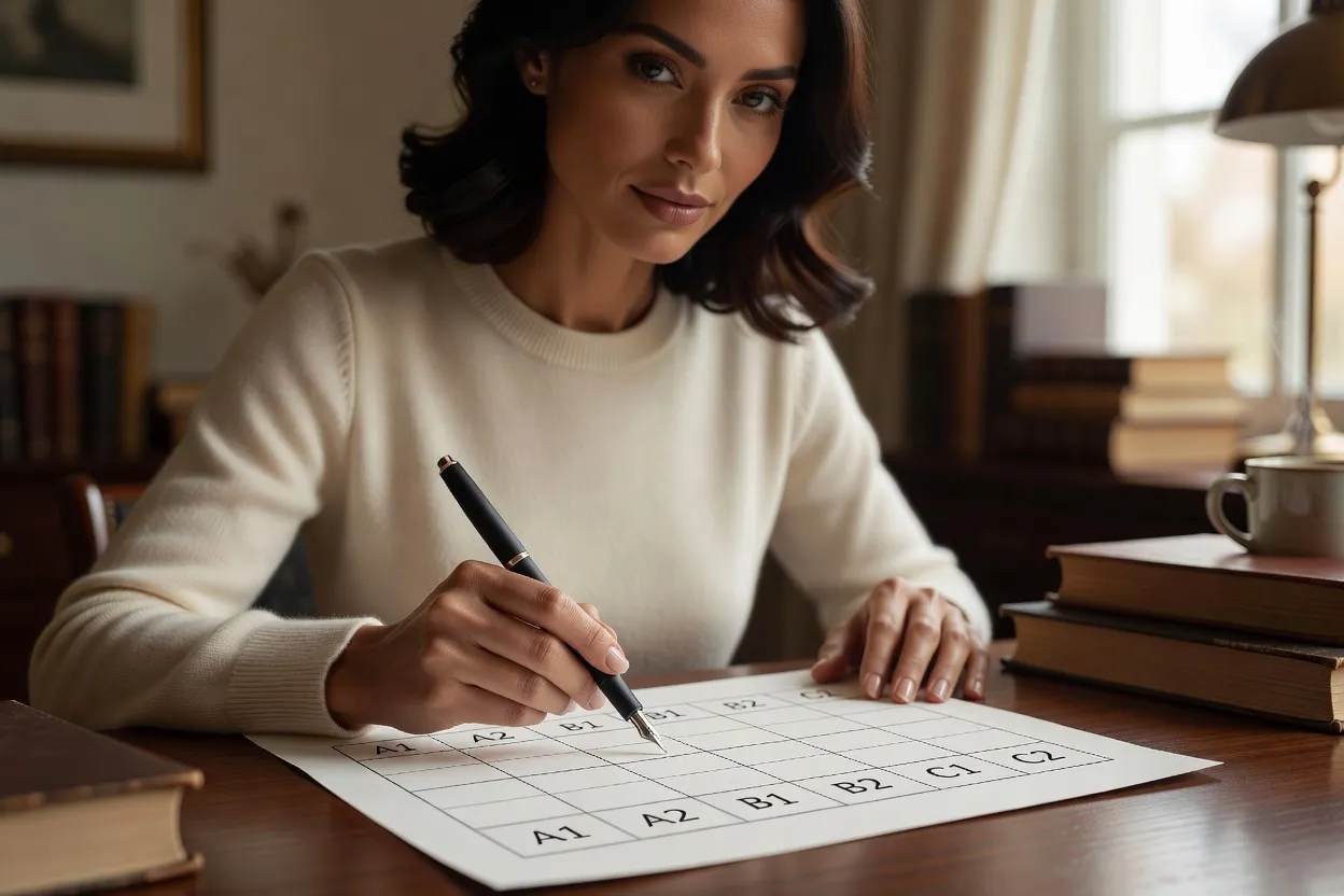 Grille d'auto-évaluation CECRL avec les six niveaux A1 à C2 annotés au stylo