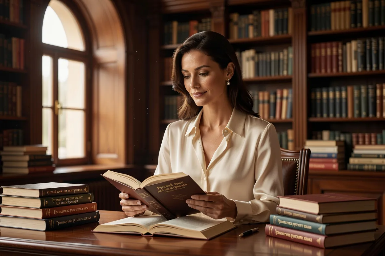 Apprenante consultant plusieurs manuels de russe dans une bibliothèque personnelle