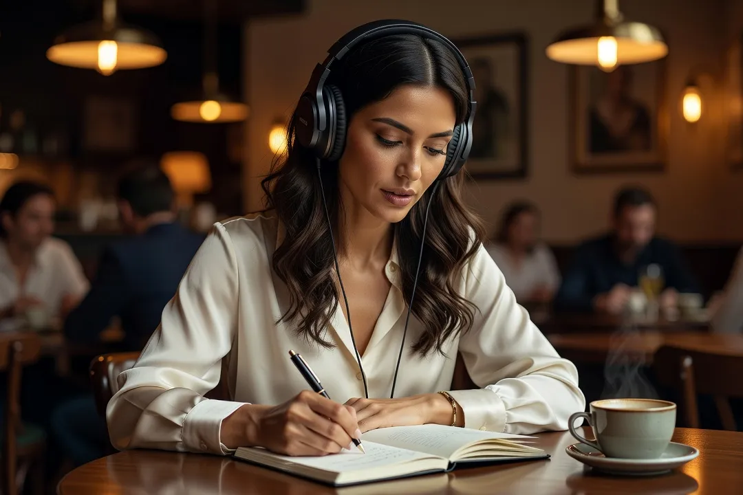 Femme prenant des notes tout en écoutant un podcast dans un café