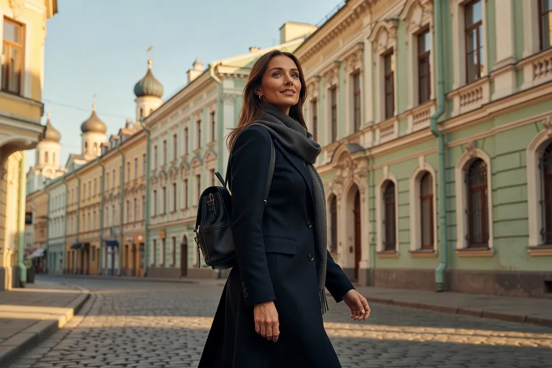 Voyageuse marchant dans une rue historique d'une ville russe