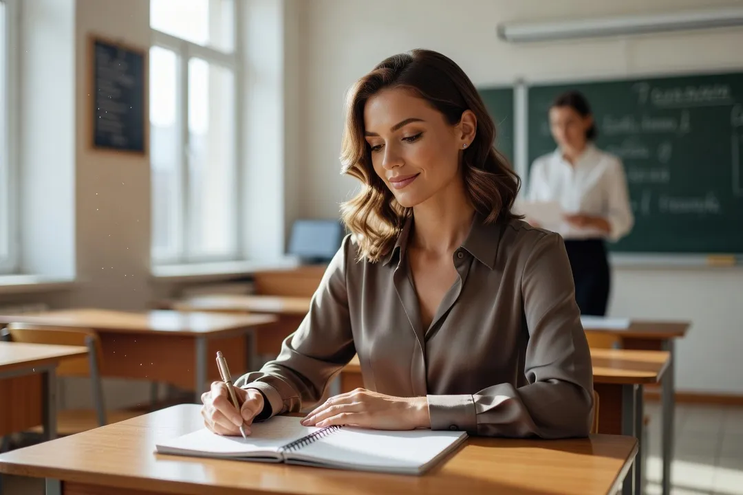 Étudiante prenant des notes en classe, professeur au tableau en arrière-plan
