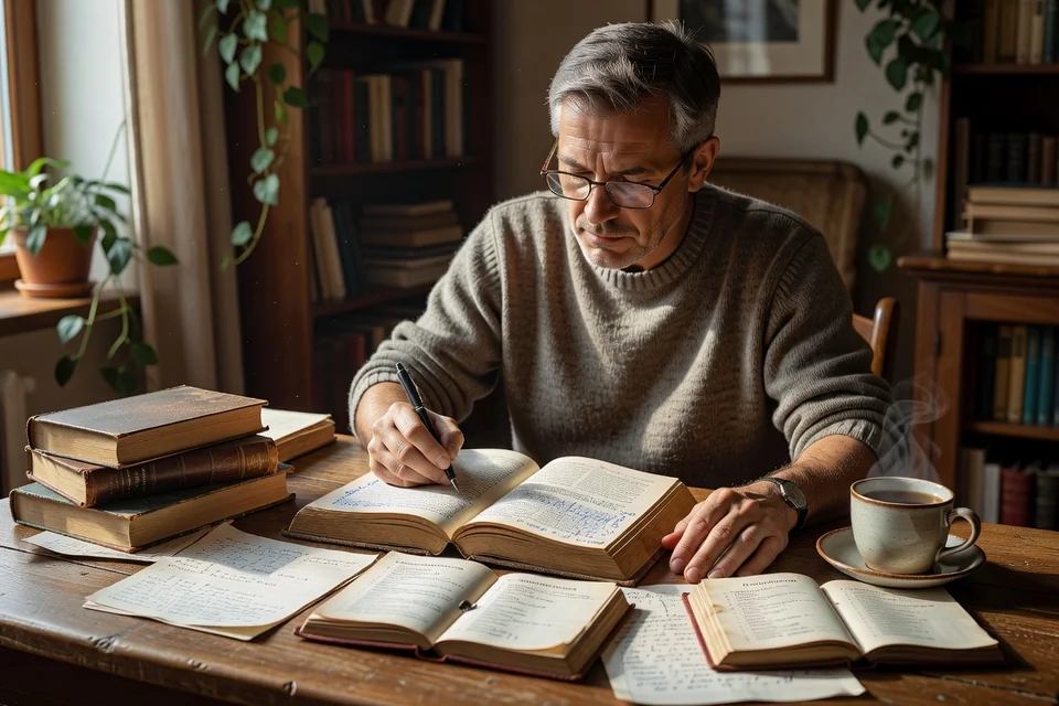 Читающий человек с аннотированной русской книгой и карманным словарём