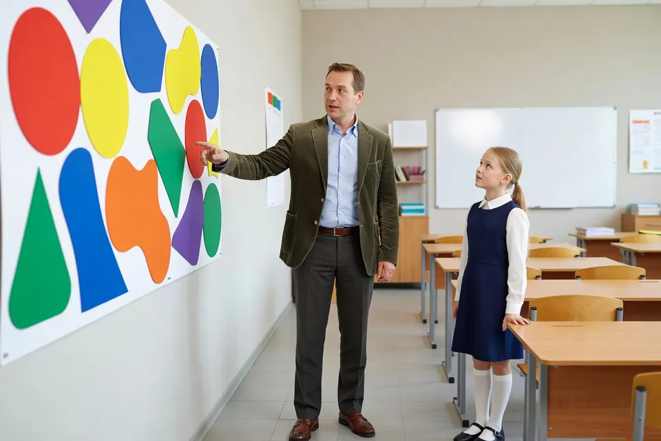 Преподаватель объясняет алфавит у настенной таблицы