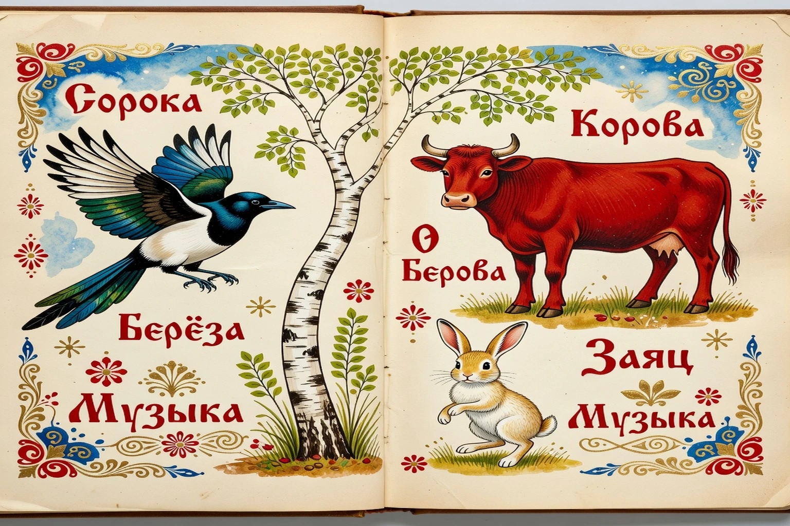 Детский альбом с русскими песенками, картинками и кириллическими словами на столе