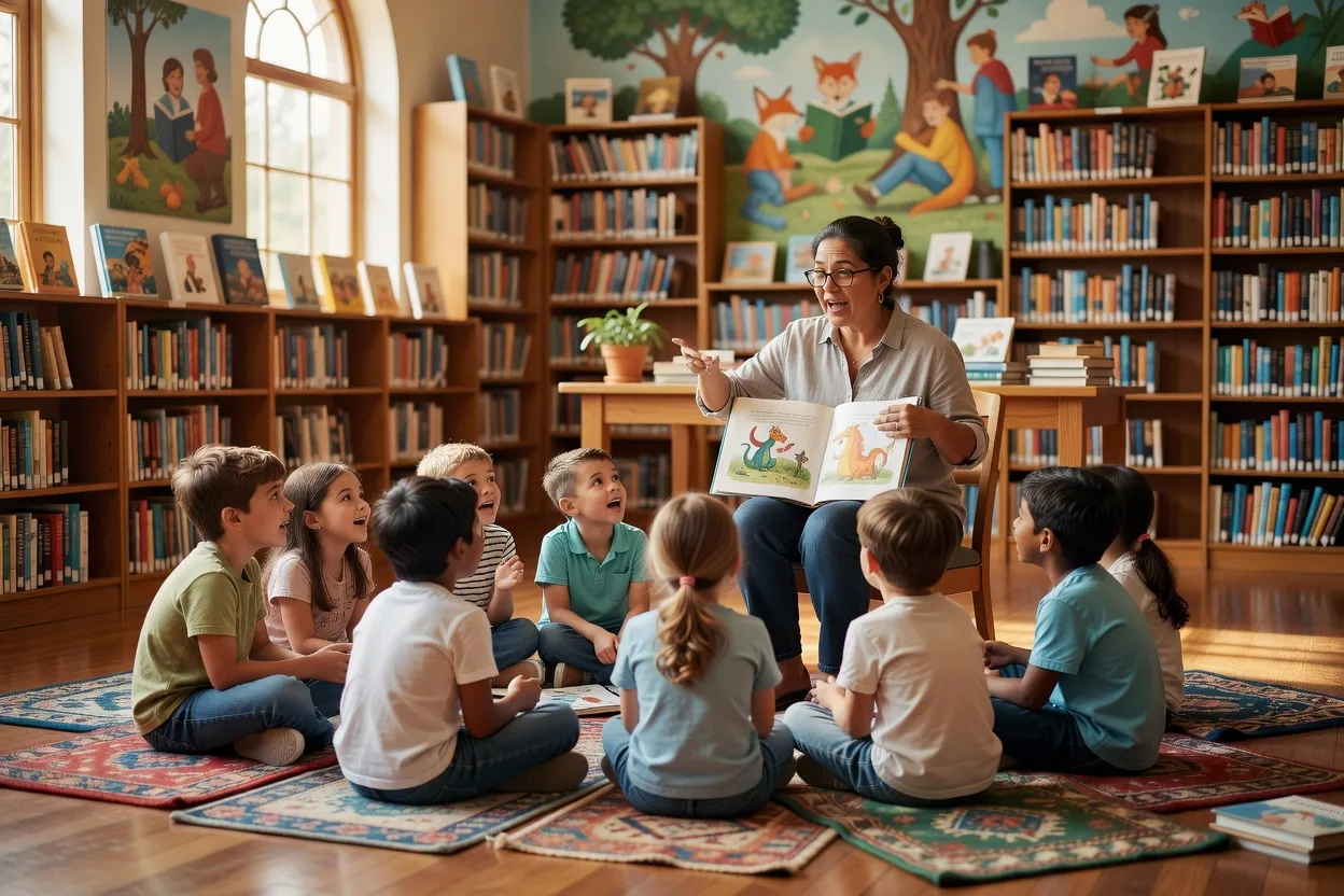 Bibliothécaire jeunesse présentant des livres cartonnés russes à un enfant