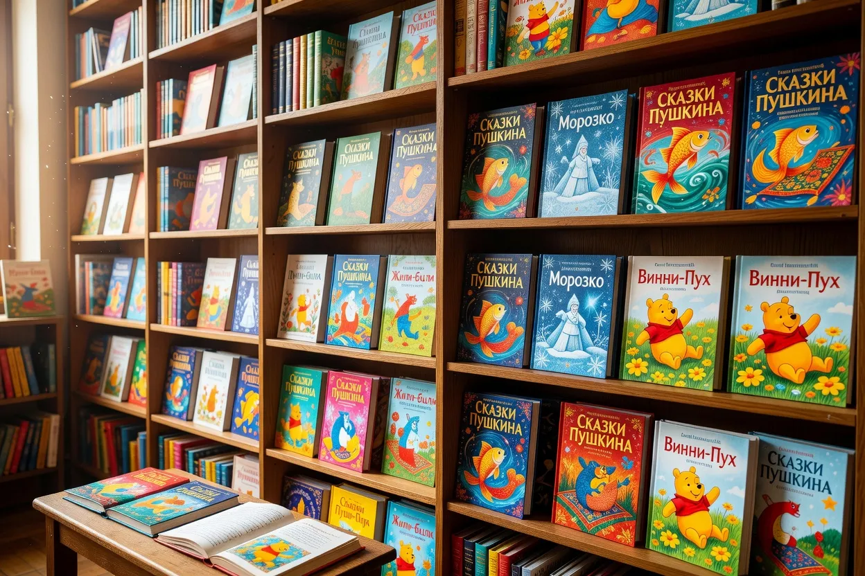 Étagère de bibliothèque familiale avec livres russes et français mélangés