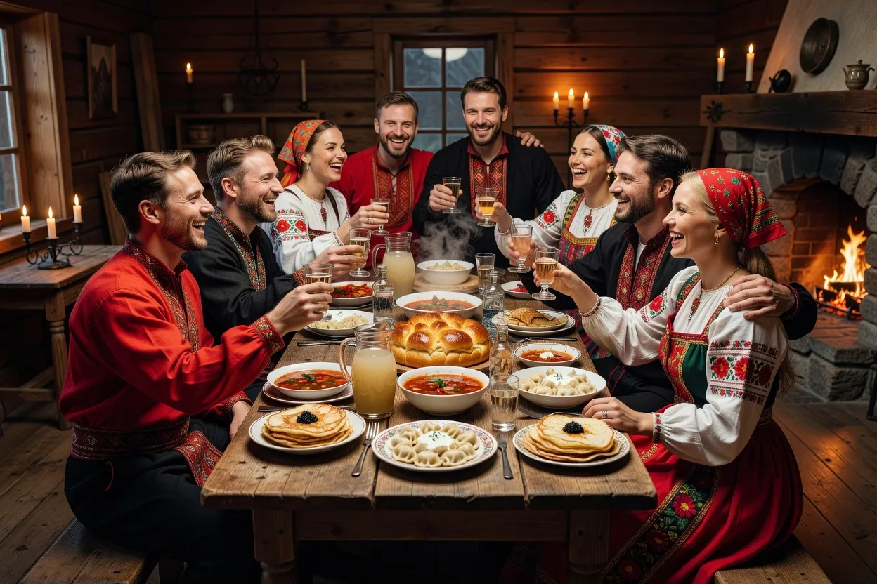 Table de fête russe traditionnelle avec blinis pour Maslenitsa