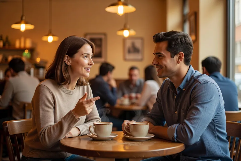 Deux collègues discutent autour d'un café, l'une raconte quelque chose avec animation