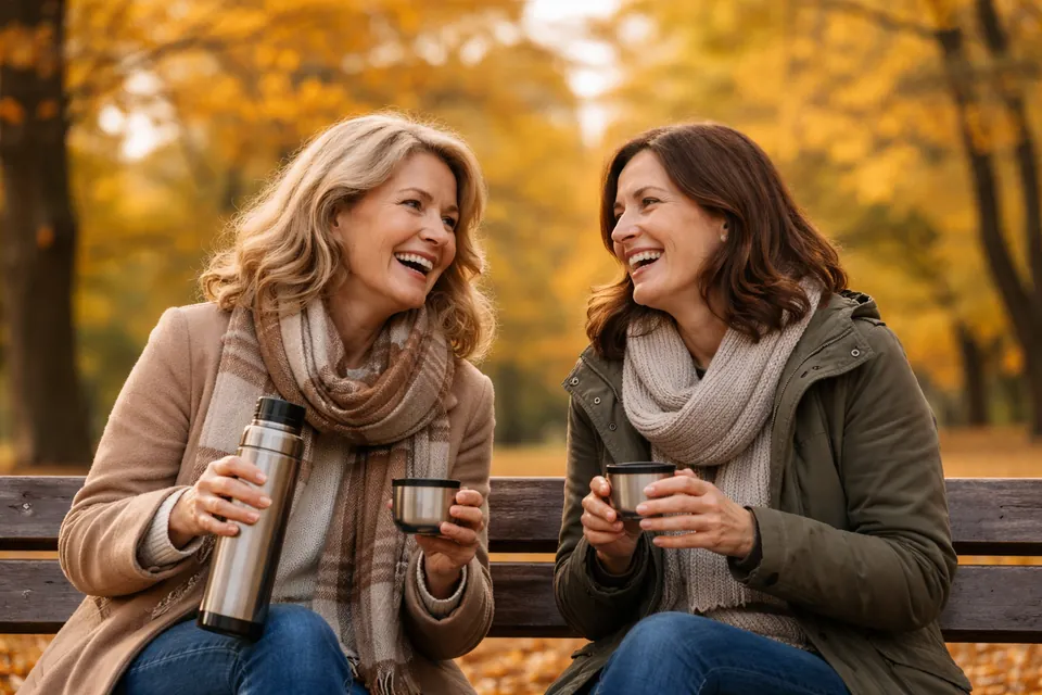 Deux amies assises sur un banc dans un parc d'automne, partageant du thé et riant