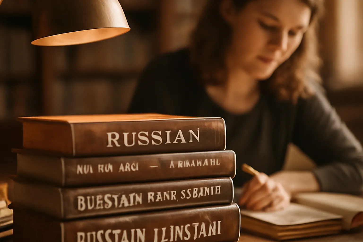 Cahier d ecolier ouvert sur des notes manuscrites en cyrillique, stylo plume et tasse de the noir