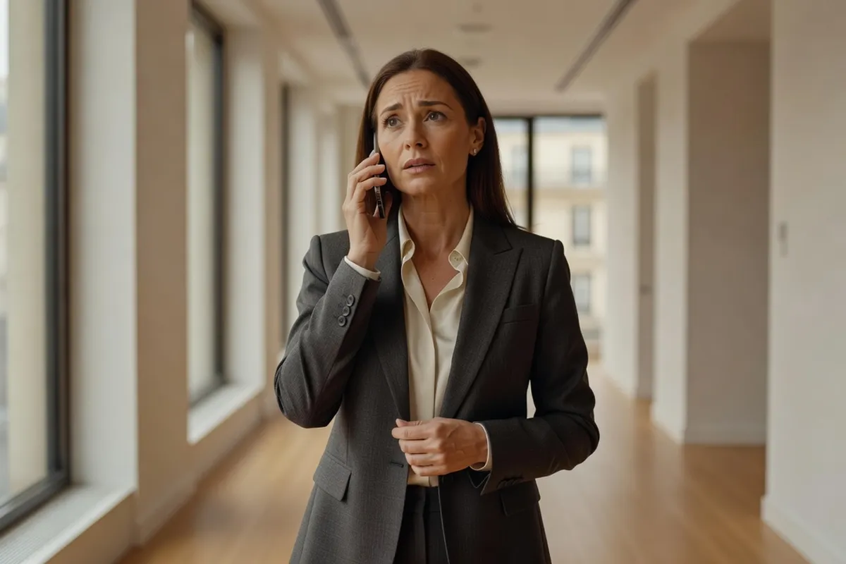 Femme d'affaires au téléphone dans un couloir de bureau, cherchant ses mots