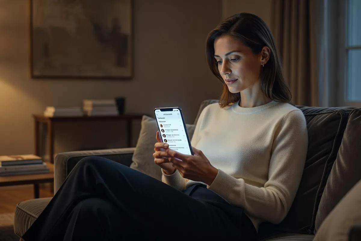 Femme assise sur un canapé consultant des réseaux sociaux en français sur son téléphone