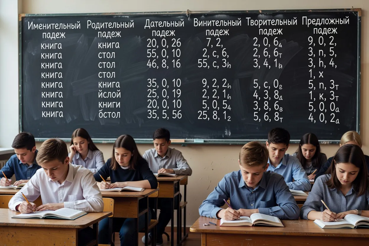 Cahier d'exercices de grammaire russe avec déclinaisons au génitif annotées
