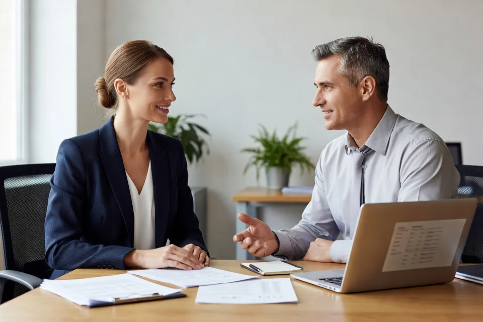 Une femme face à un conseiller dans un bureau, discutant d'un projet de formation