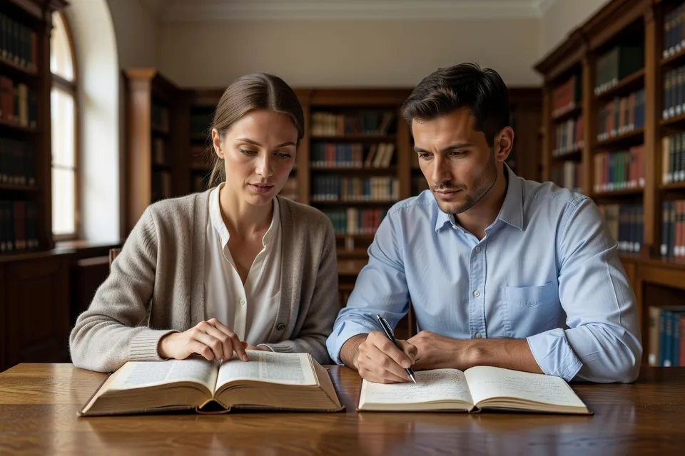 Deux apprenants consultant un dictionnaire russe-français dans une bibliothèque