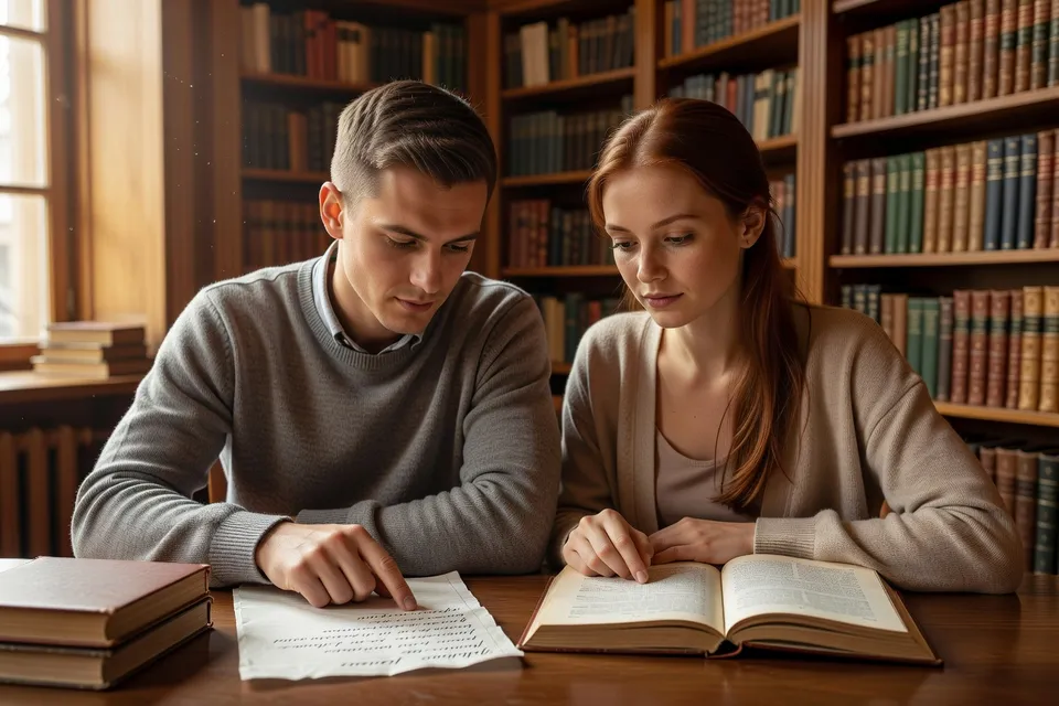 Deux apprenants étudiant ensemble la grammaire russe dans une bibliothèque