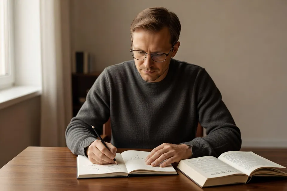 Un homme lisant un livre en russe et annotant les phrases dans son cahier