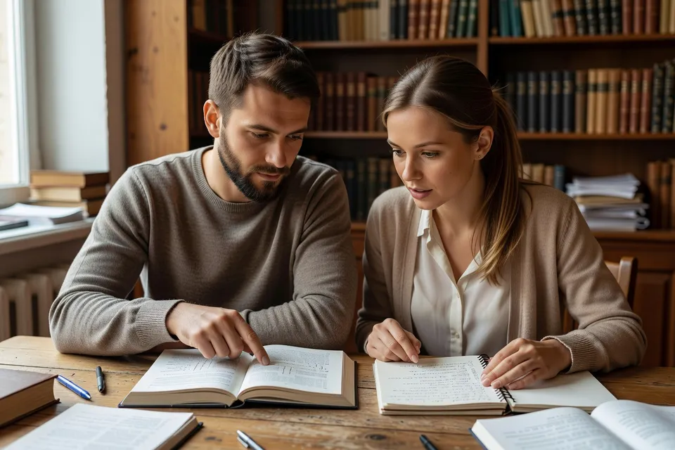 Deux apprenants à une table d'étude discutant de la structure d'une phrase russe