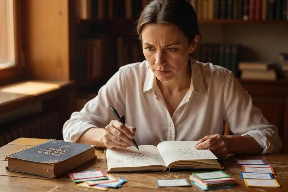 Une apprenante avec cahier et dictionnaire révisant les déclinaisons du russe