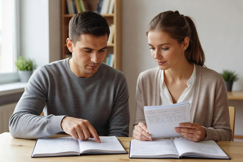 Deux apprenants comparant leurs notes de grammaire russe à une table lumineuse