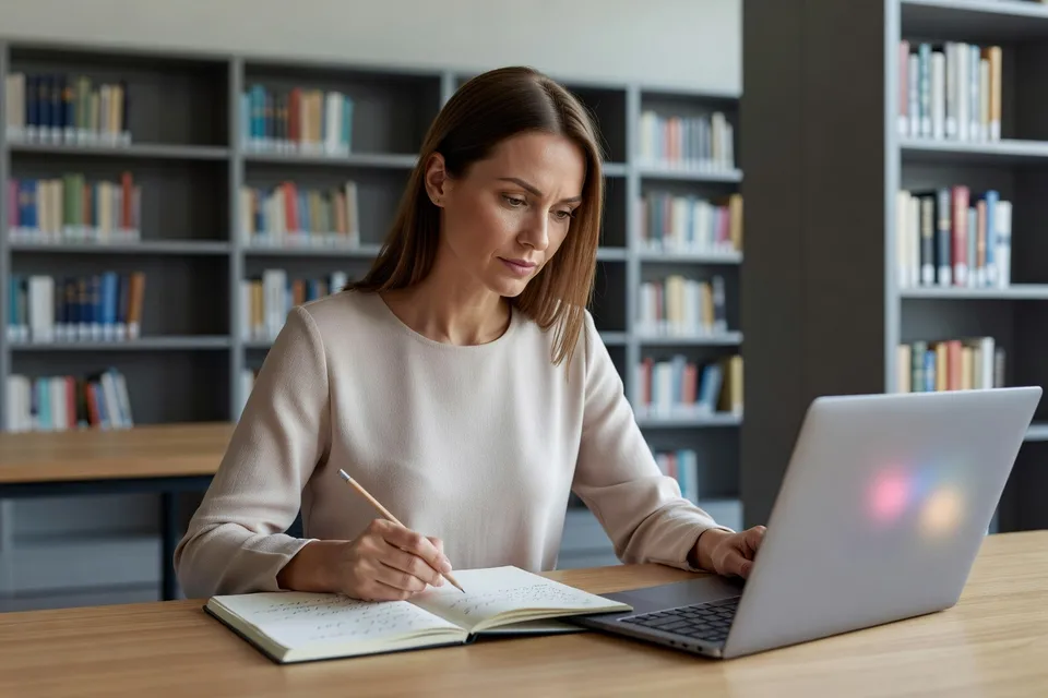 Une apprenante révisant des exercices de grammaire dans une bibliothèque