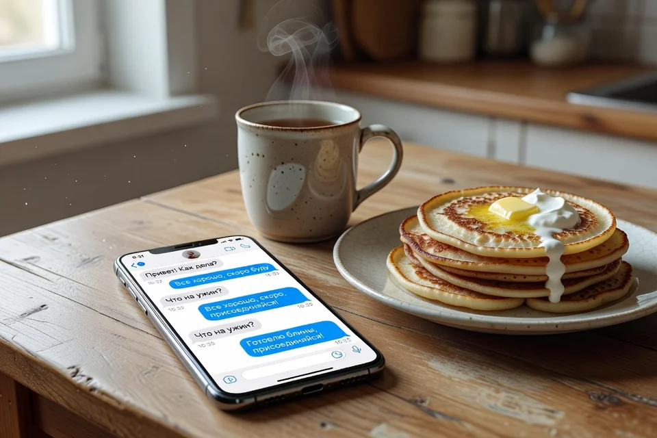 Smartphone affichant une conversation de messagerie en russe avec des abréviations