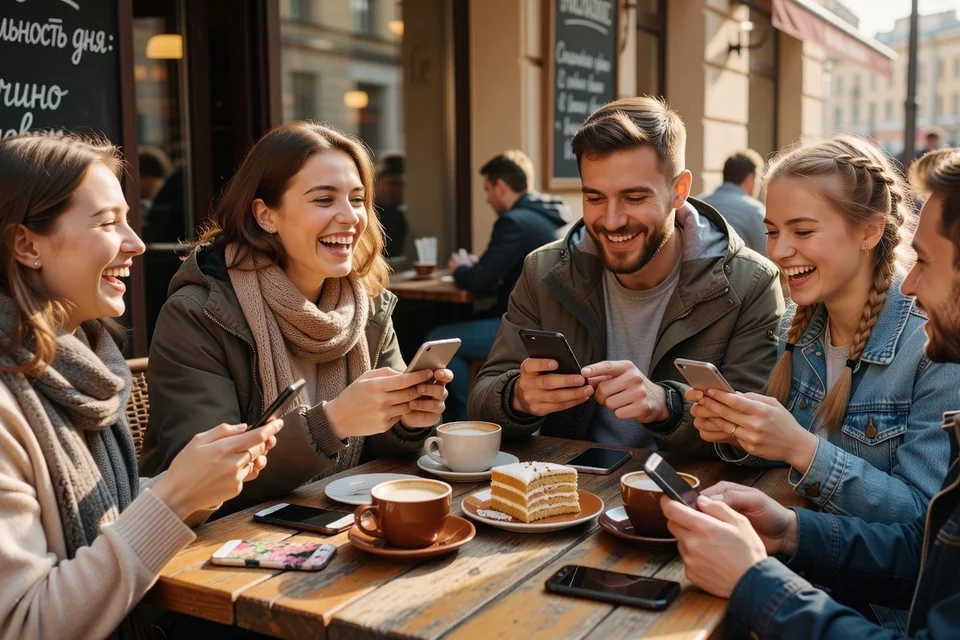 Jeunes russes souriant devant leurs téléphones pendant une conversation de groupe