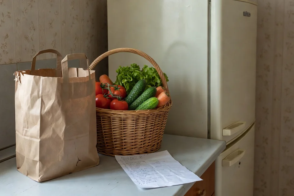 Liste de courses et produits frais dans une cuisine russe