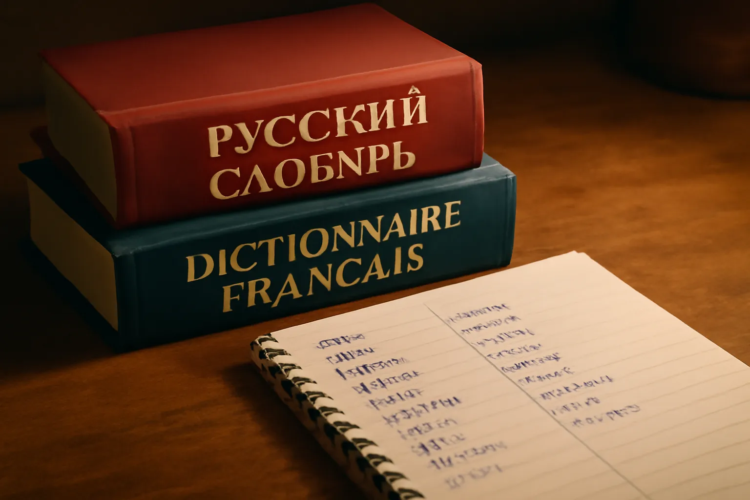 Стопка русско-французских словарей с тетрадью для заметок по переводу