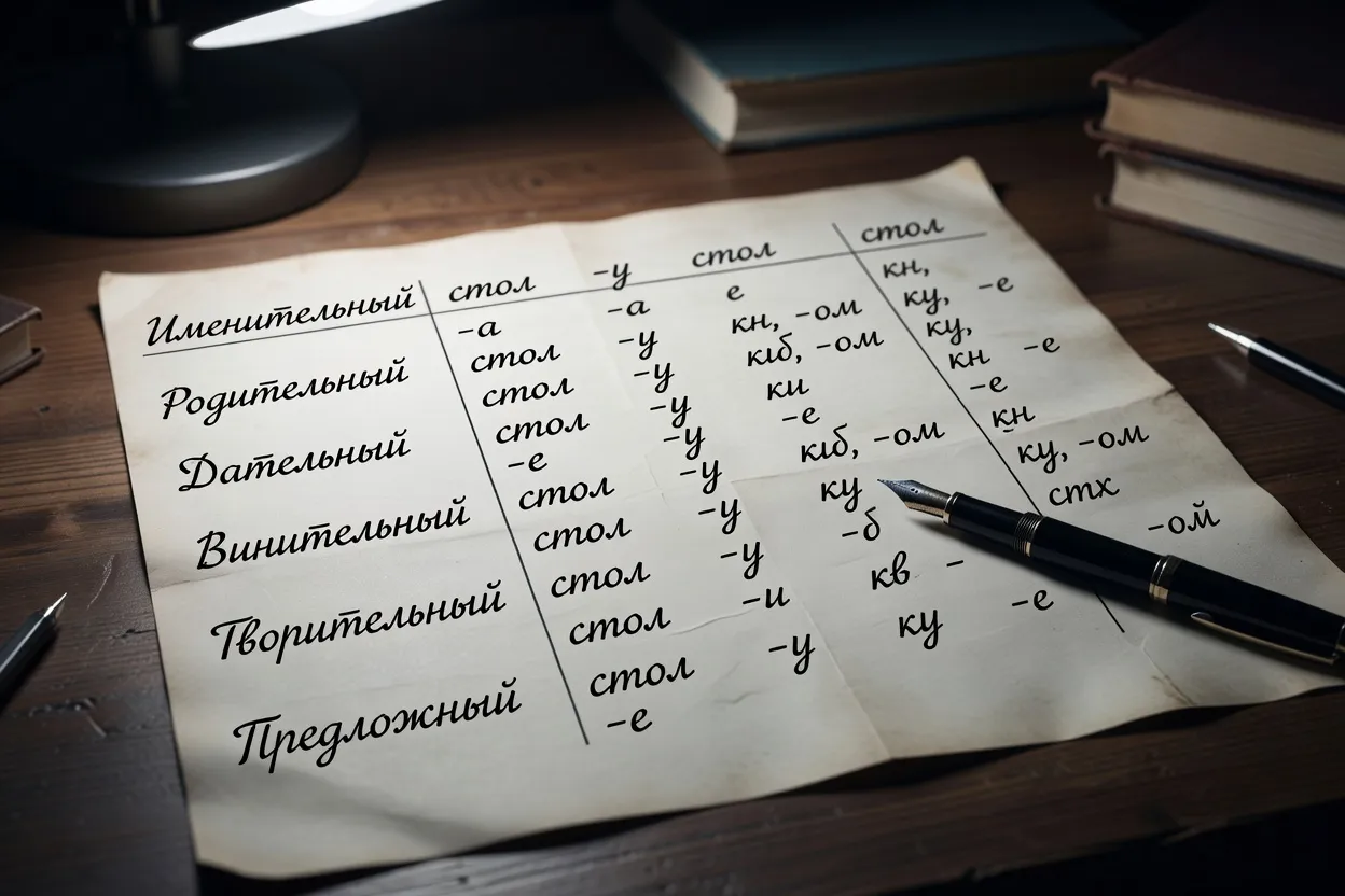 Таблица падежей русского языка, написанная от руки на листе бумаги