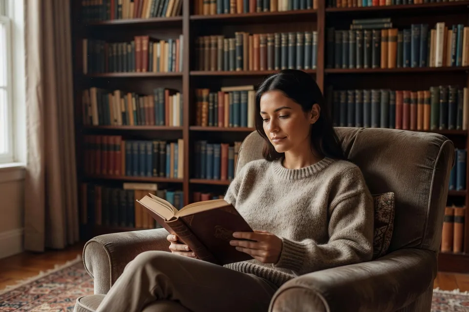 Женщина читает книгу в уютной гостиной