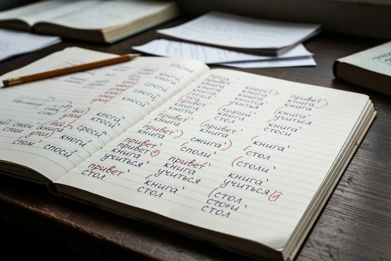 Page de cahier avec des mots russes annotés en rouge pour marquer l’accent tonique