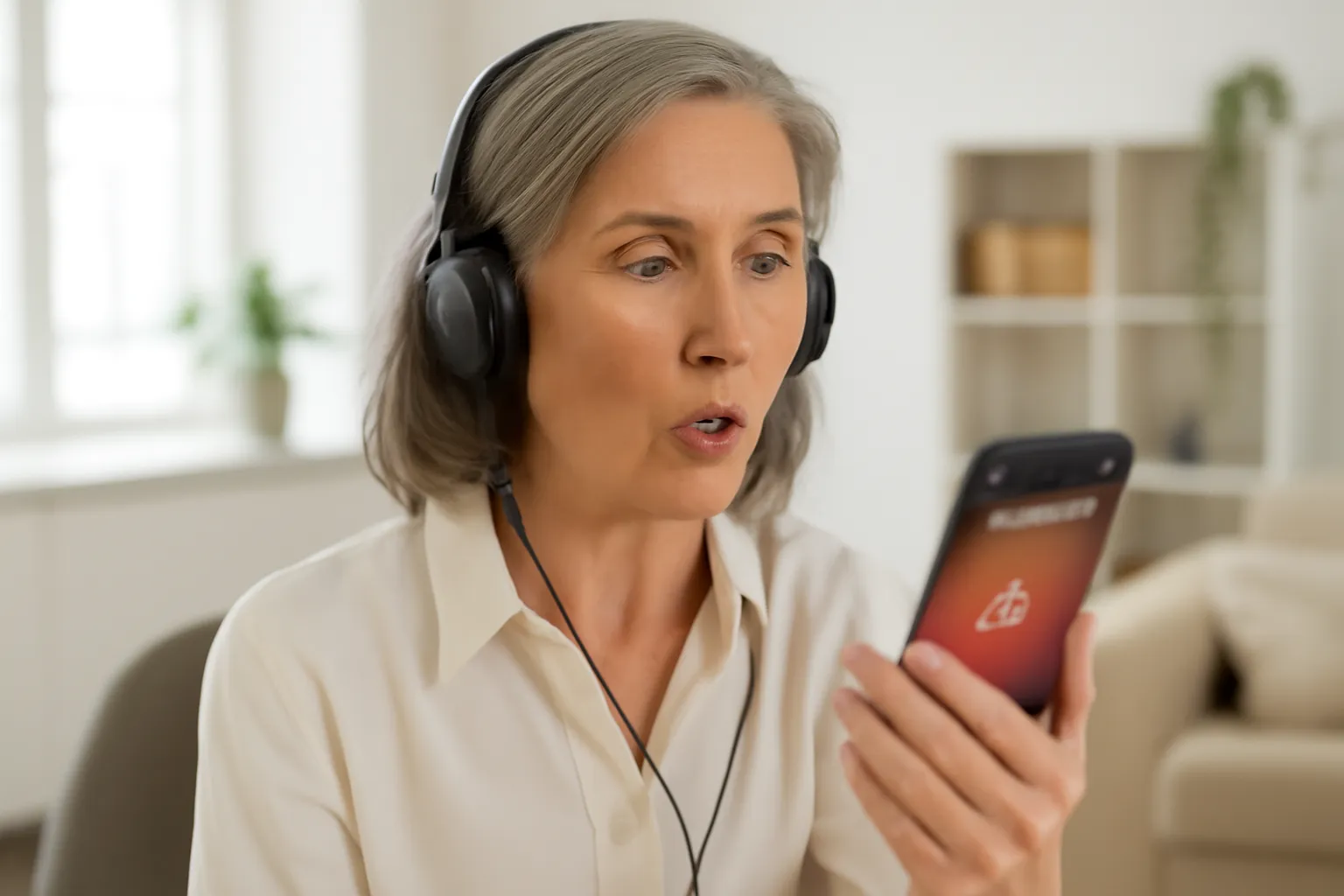 Personne s’entraînant à la prononciation russe avec un casque et une application mobile