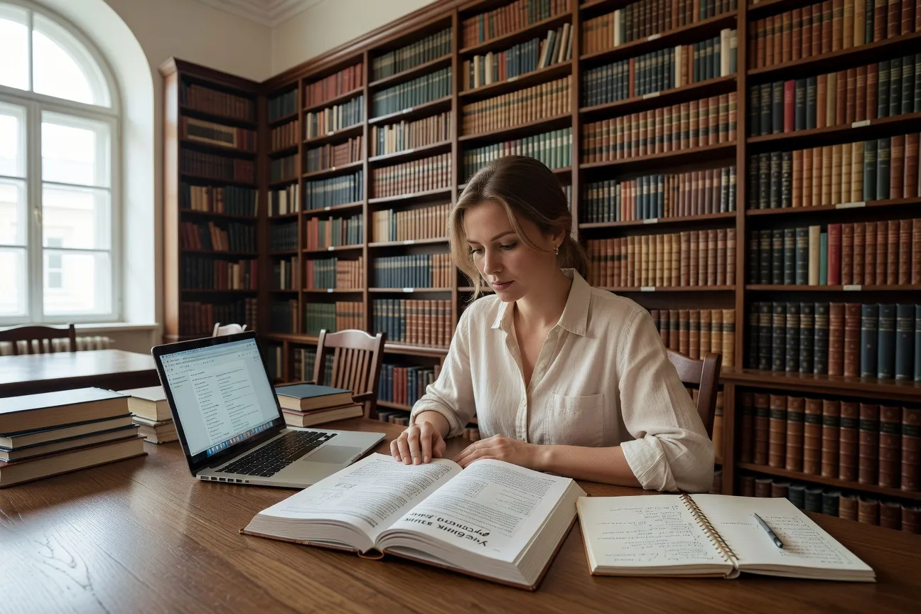 Femme adulte étudiant le russe dans une bibliothèque avec livres et ordinateur
