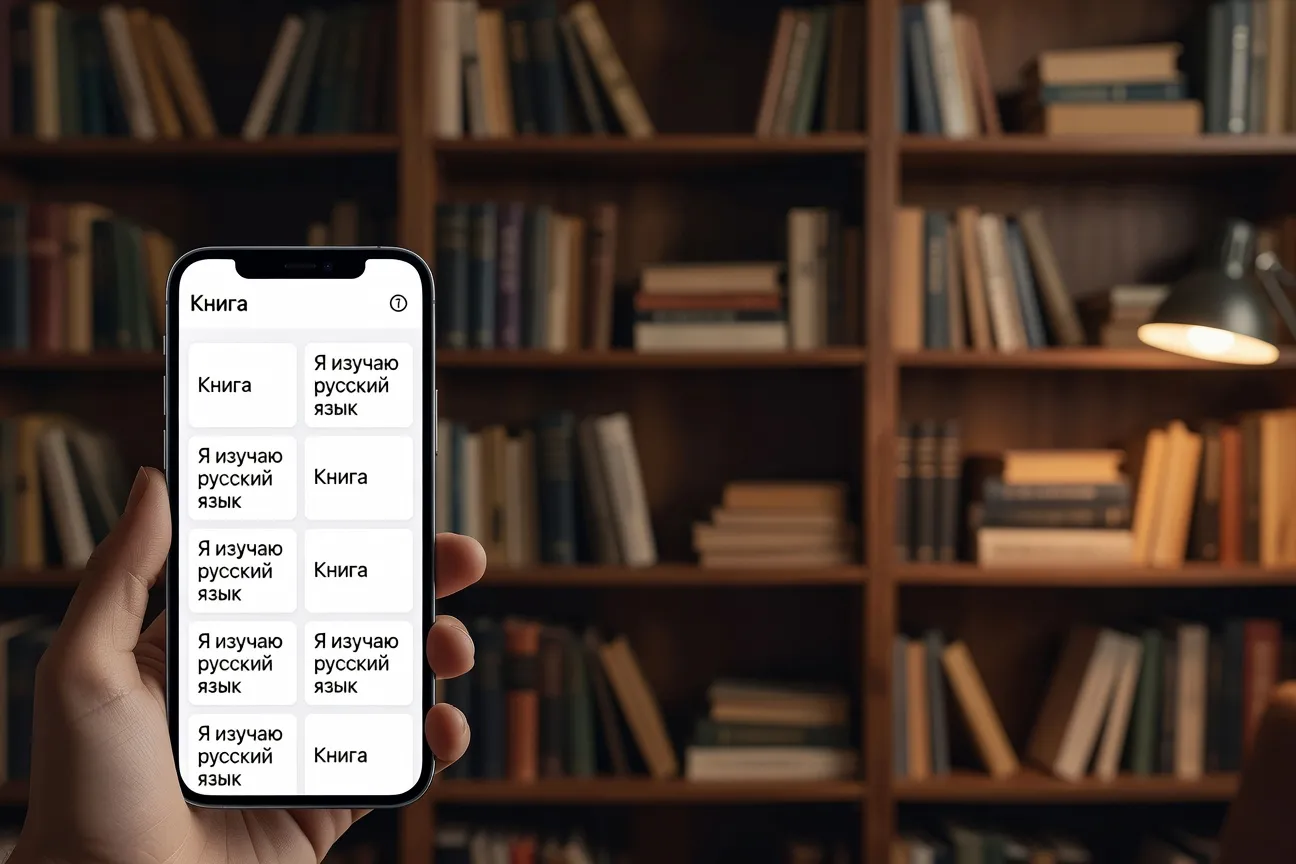 Smartphone affichant une application d'apprentissage du russe avec IA