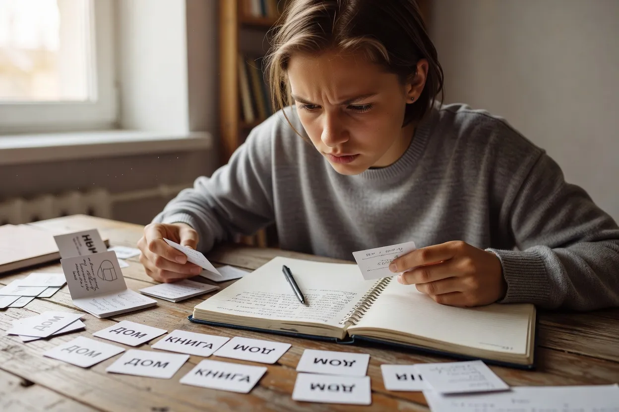 Apprenant étudiant seul le russe avec des cartes mémoire et un cahier