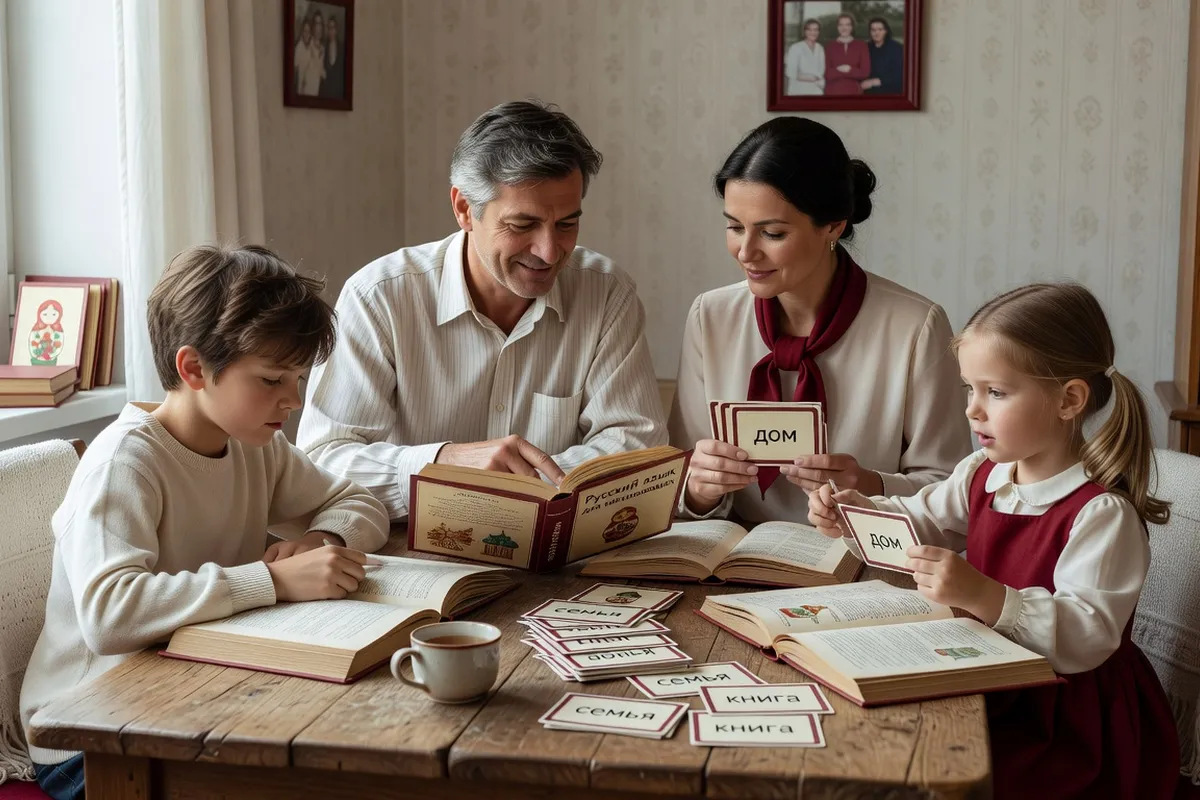 Famille franco-russe apprenant le russe ensemble