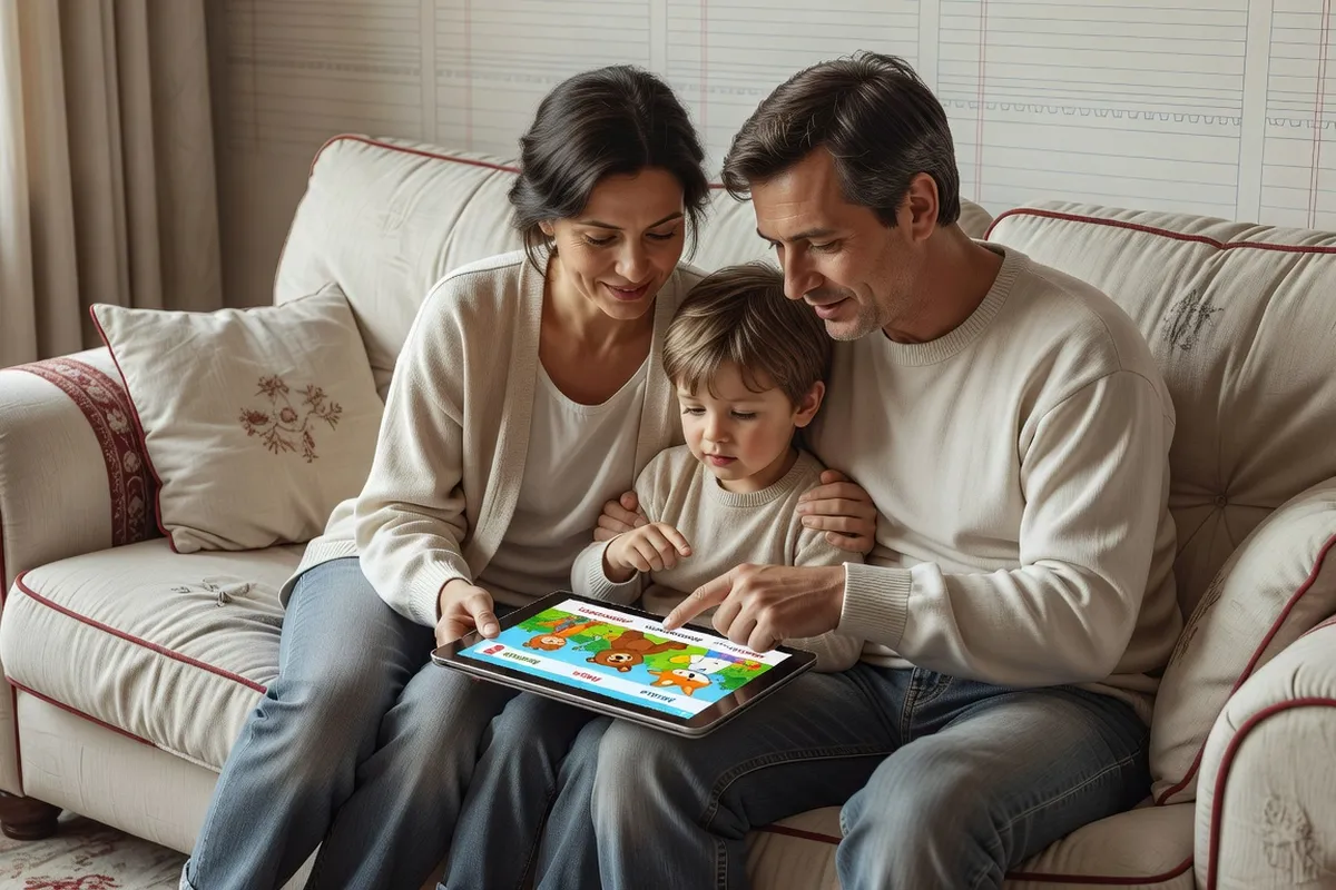 Famille regardant un dessin animé russe ensemble sur tablette