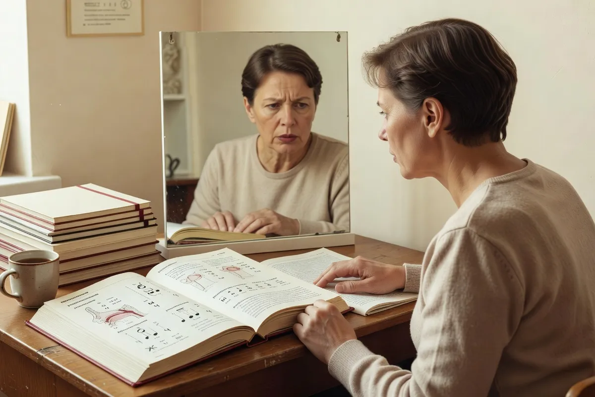 Adulte motivé qui révise la prononciation russe devant un miroir