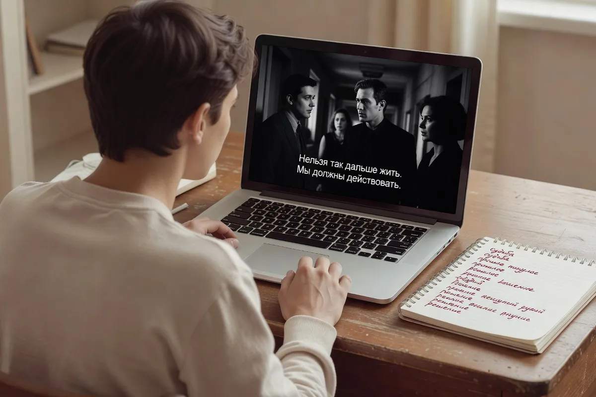 Spectateur regardant un film russe avec sous-titres cyrilliques sur laptop