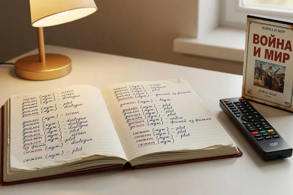 Cahier avec notes de vocabulaire russe tirés d’un film, avec télécommande
