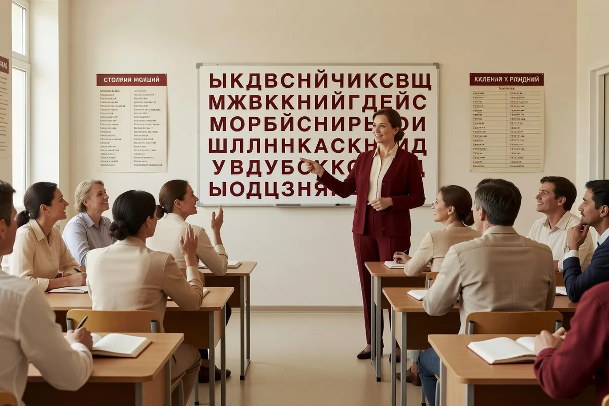 Cours de russe pour adultes avec professeure au tableau cyrillique