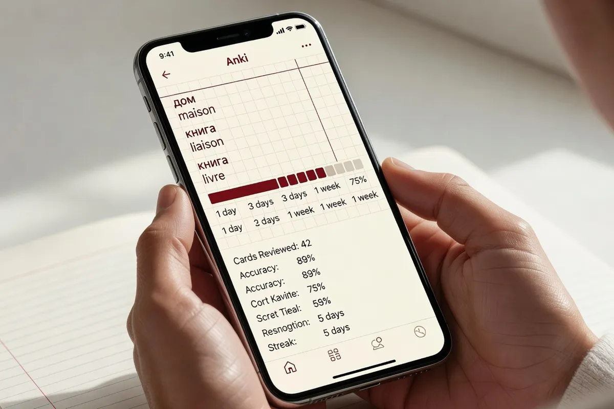 Application Anki sur smartphone avec paires de mots russes-français