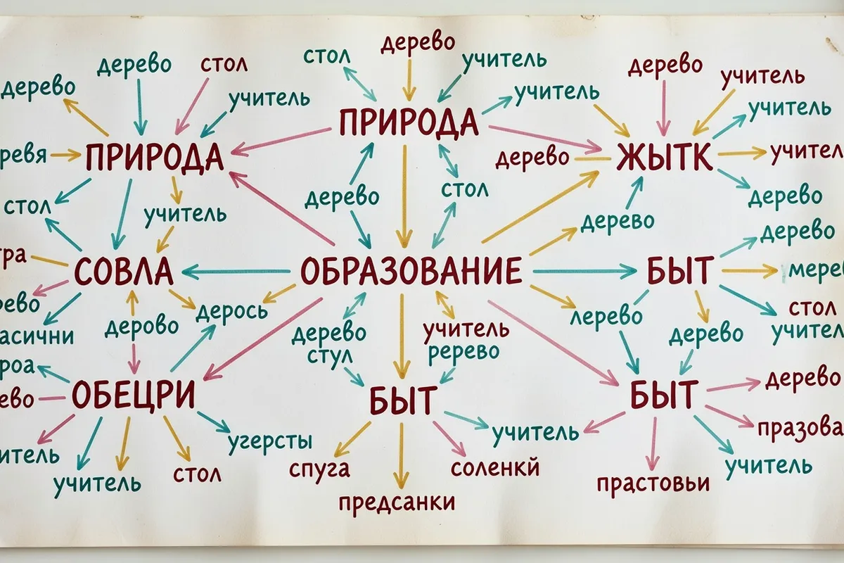 Mind map en russe avec clusters de vocabulaire par champs sémantiques
