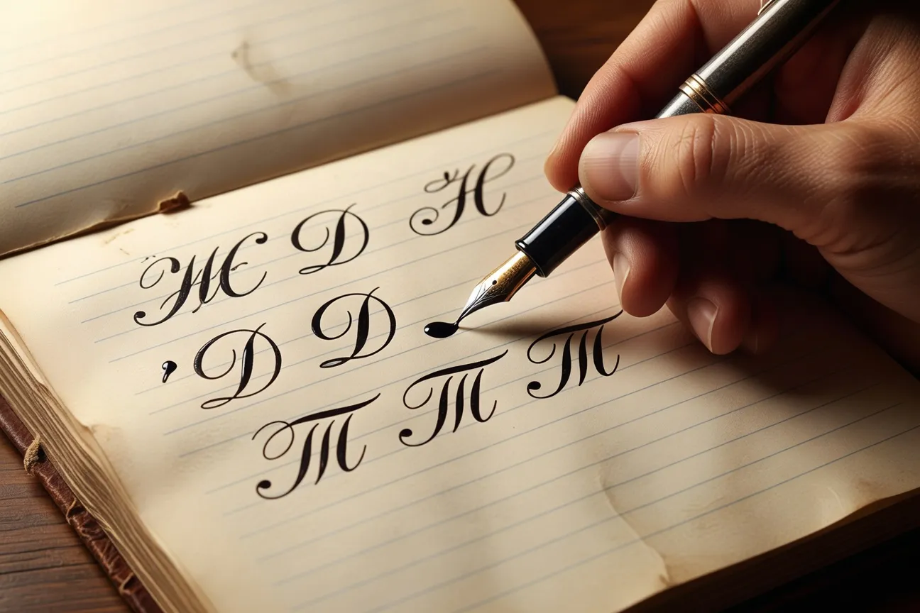 Main d'une calligraphe russe traçant des lettres cyrilliques au stylo plume