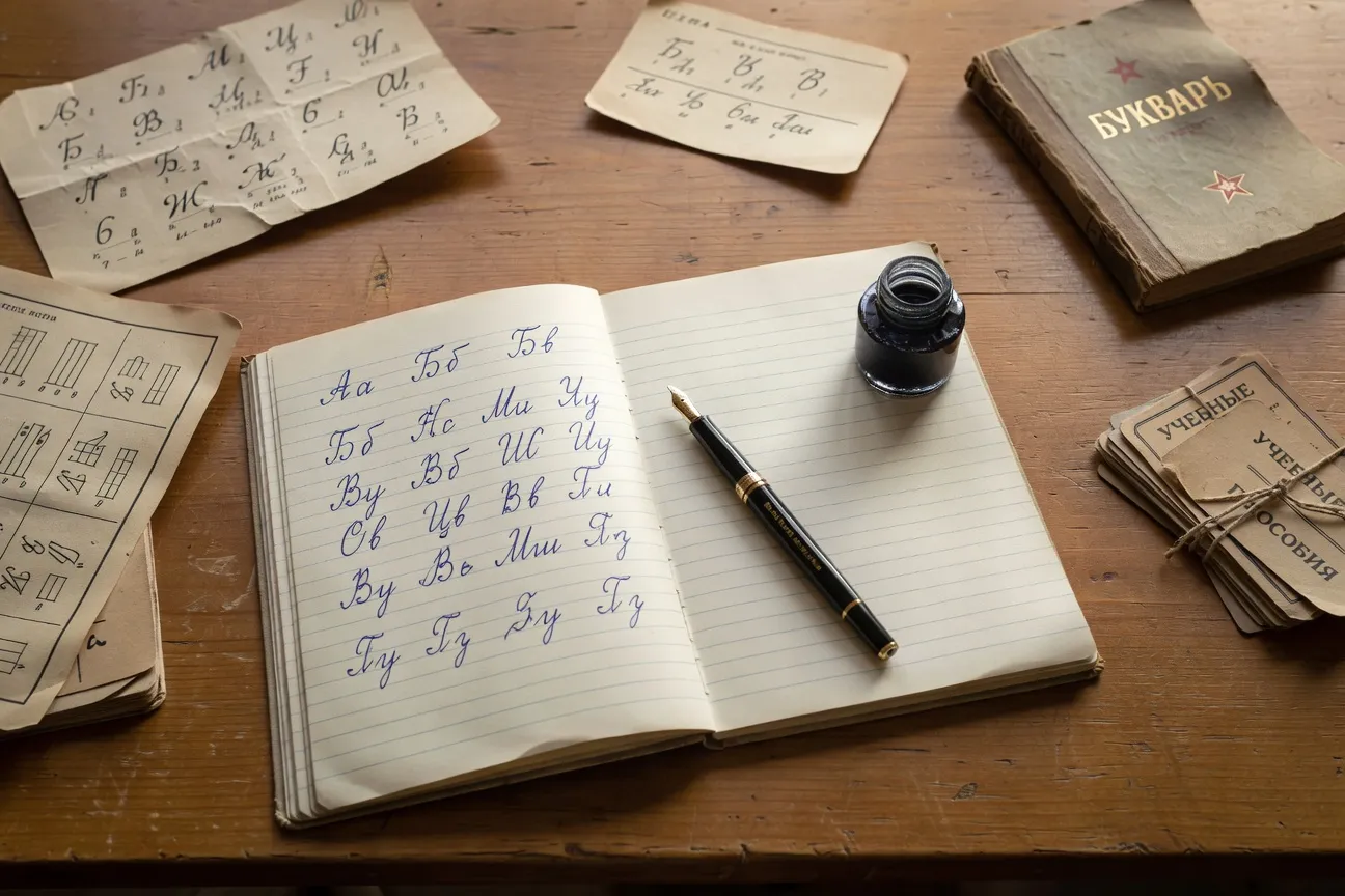 Cahier d'écolier russe avec lignage triple et exercices d'écriture cyrillique