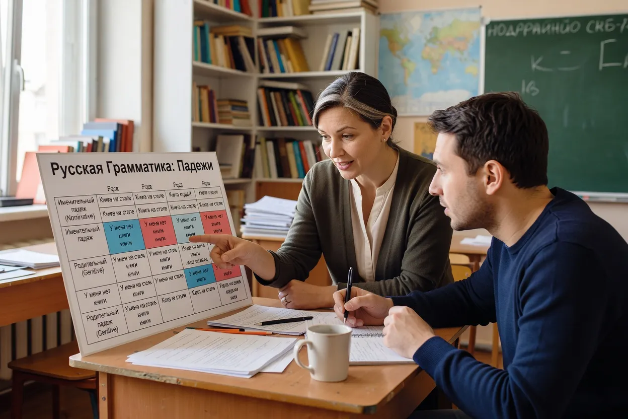 Enseignante expliquant un tableau de grammaire russe à une élève adulte