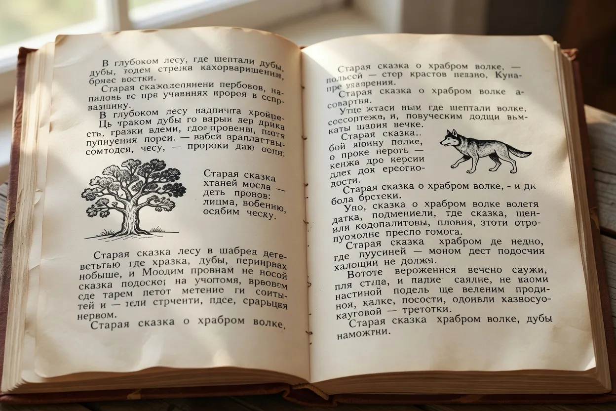 Page ouverte d’un livre de contes russes avec texte cyrillique et illustrations simples