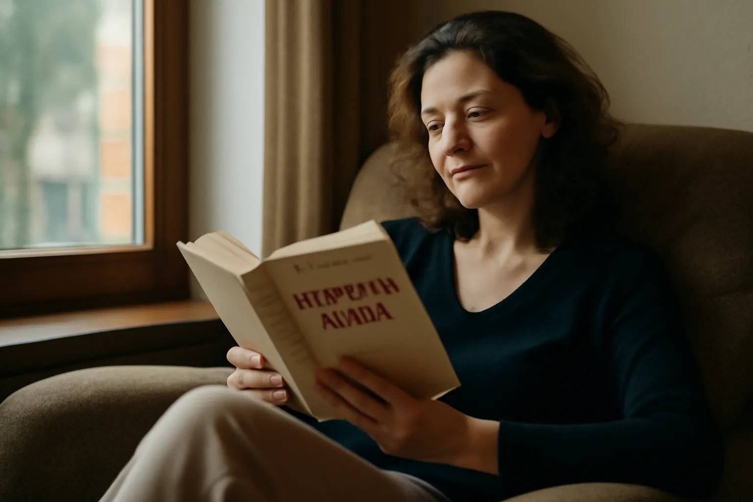 Femme lisant un livre en russe confortablement installée près d’une fenêtre