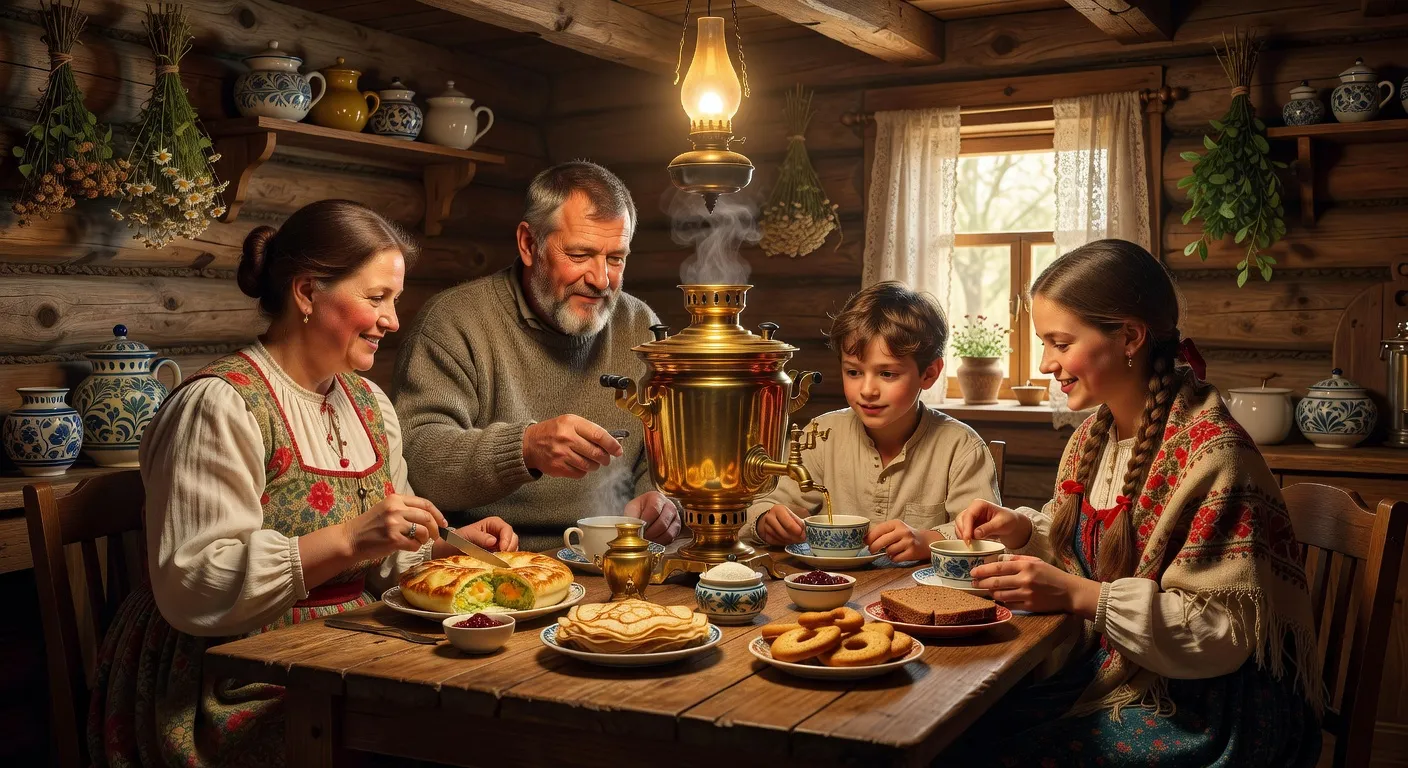 Cuisine russe traditionnelle avec samovar et table familiale